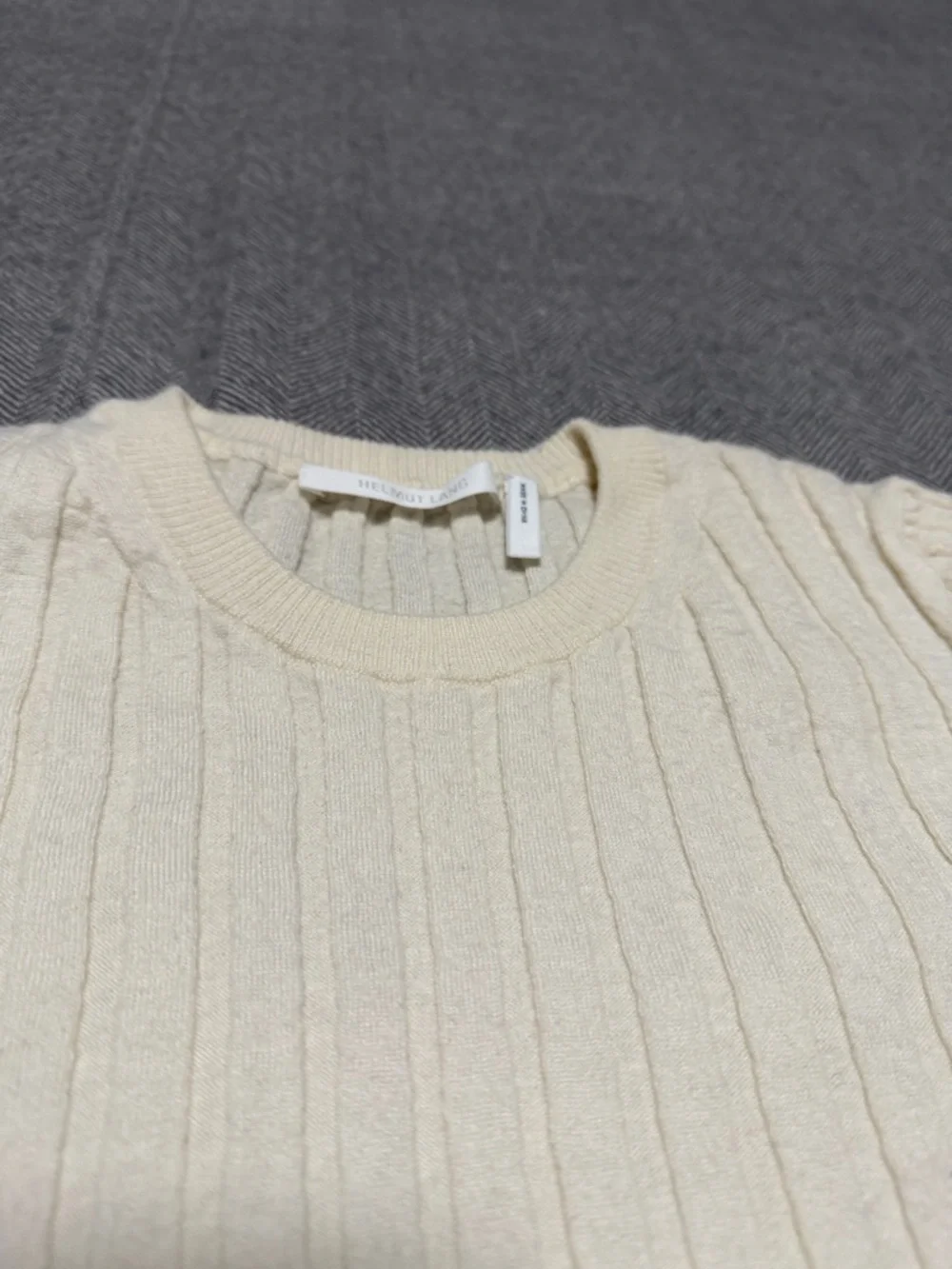 Helmut Lang Cream Wool Ribbed Crewneck Short Sleeve Top - Picture 3 of 10